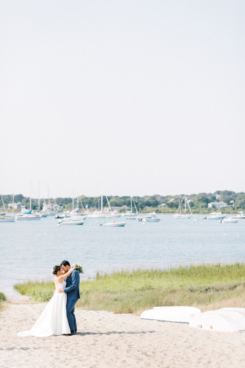 bride and groom on beach for first look at their Cape Cod wedding