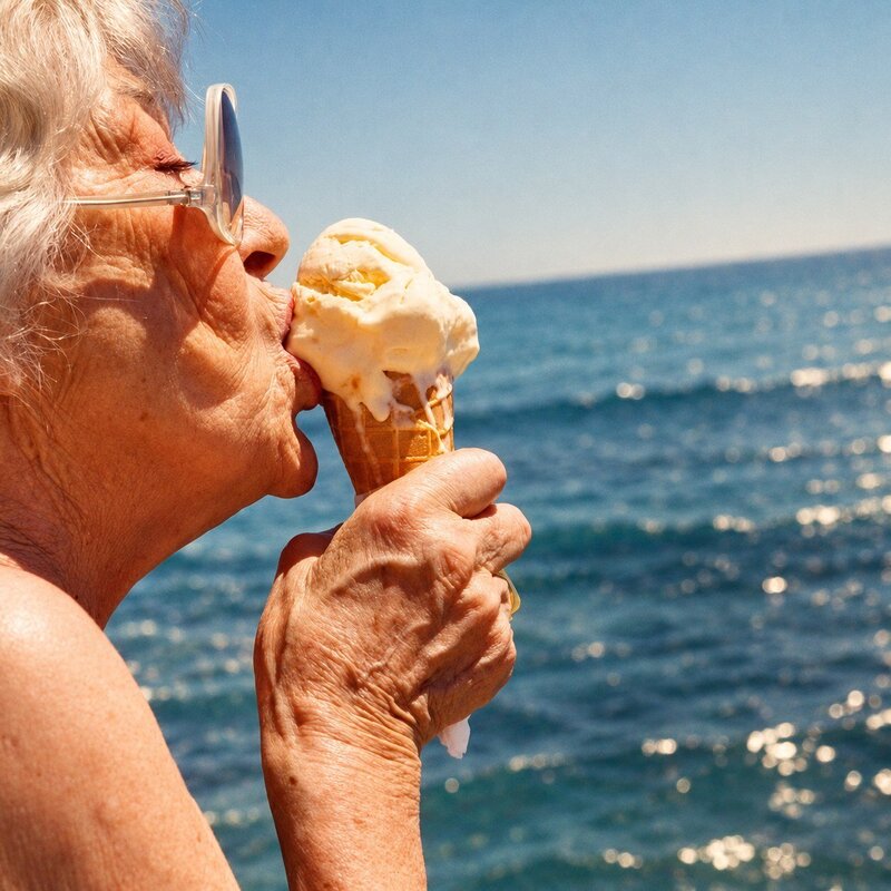 An older woman enjoying an ice cream by the sea