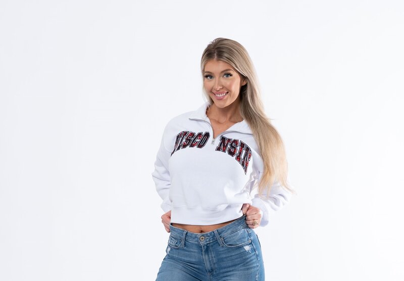 white half zipped pullover with college state across chest