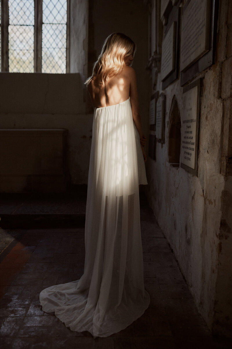 Flowing silk wedding dress, corset style, by Luna Bea, British Bridal Designer