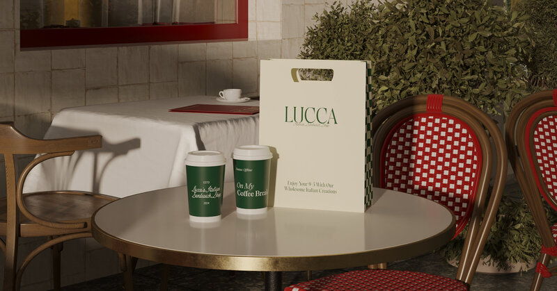 LUCCA brand identity with timeless packaging design, featuring branded coffee cups and takeaway bag at Italian café table.