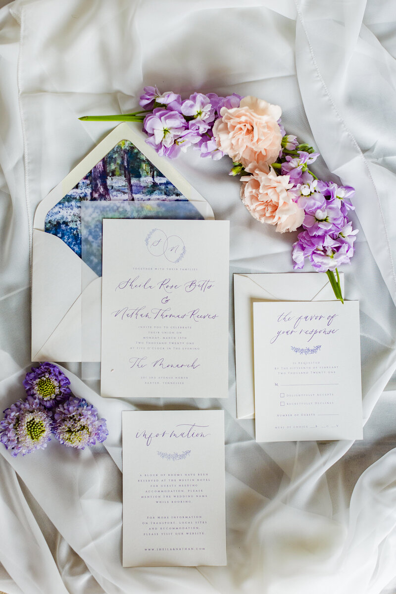 Bridal details with invitation suite for wedding at the Monarch in Nashville, Tn.