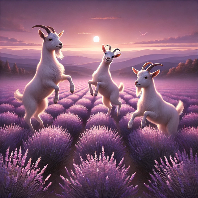 Three white goats playing and dancing in a lavender field at sunset, representing the animal communication course. 