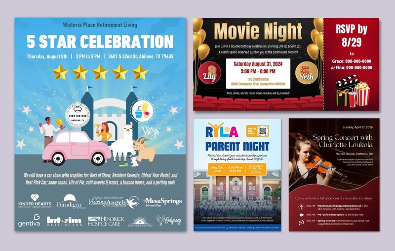 Collection of custom event graphics for nonprofits, private clients, and organizations, crafted by Helia Studios