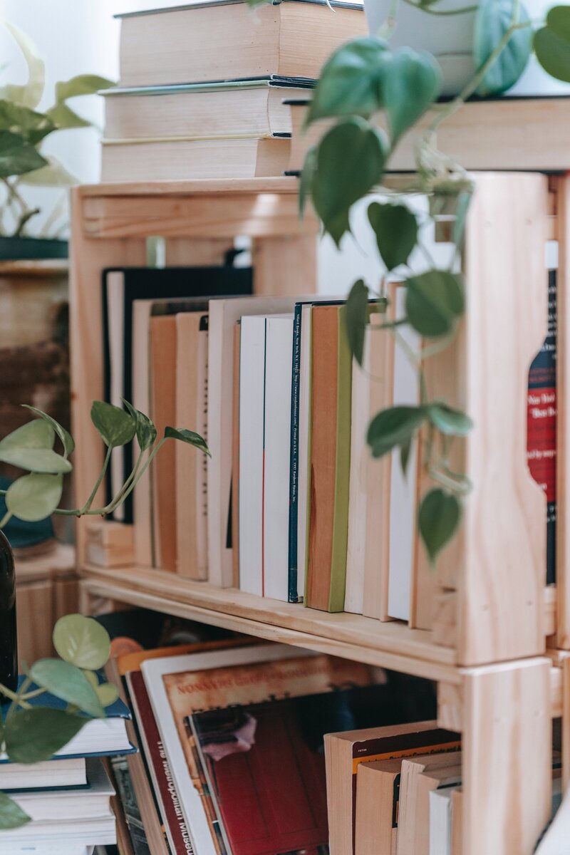 Bookshelf with green vines