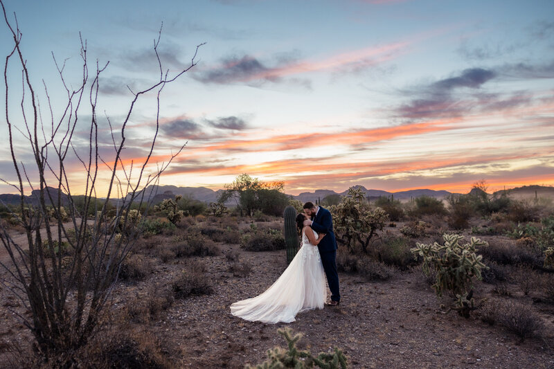 Bride and groom kissing in the Arizona desert