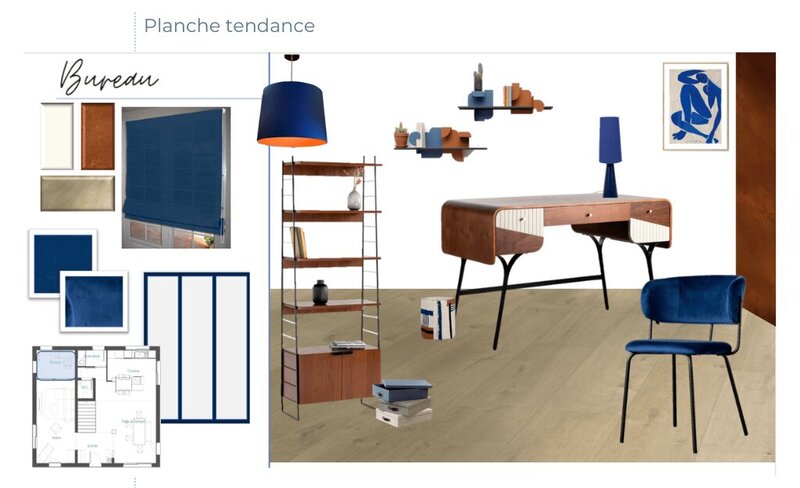 Inspiration pour le bureau dans les couleurs orange et bleu avec une chaise de bureau en velours.