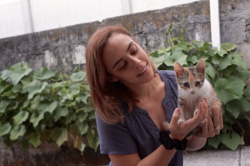 green bushes in the background, woman wearing blue shirt and black scrunchie, short hair down, staring at and holding a kitten