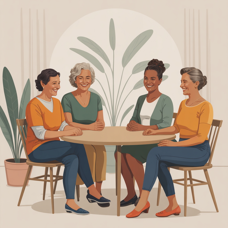 Group of women participating in a supportive wellness or health coaching session at NiuOla Health in Olympia, Washington, seated in a bright, modern room with notepads, fostering a sense of community and encouragement.