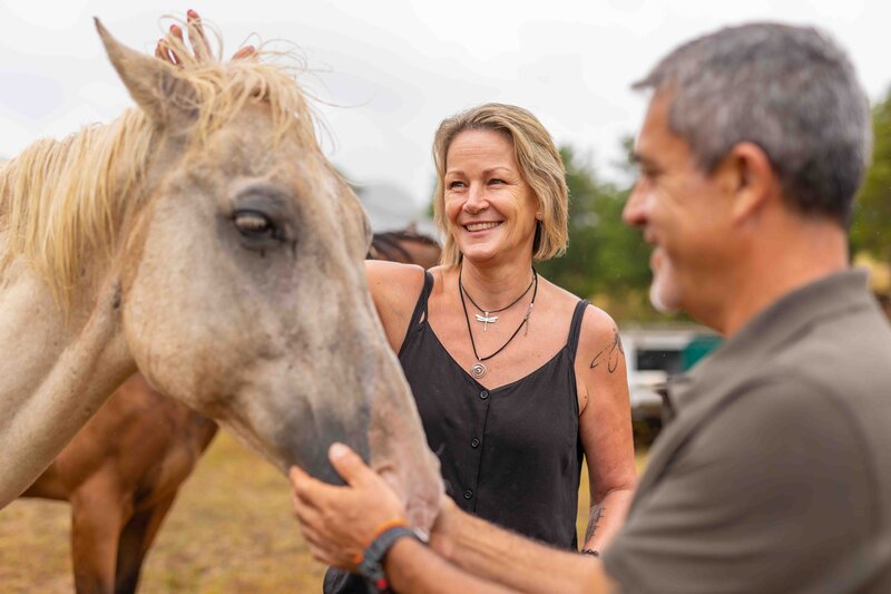 Small group of people connecting with a horse during an equine-assisted group workshop