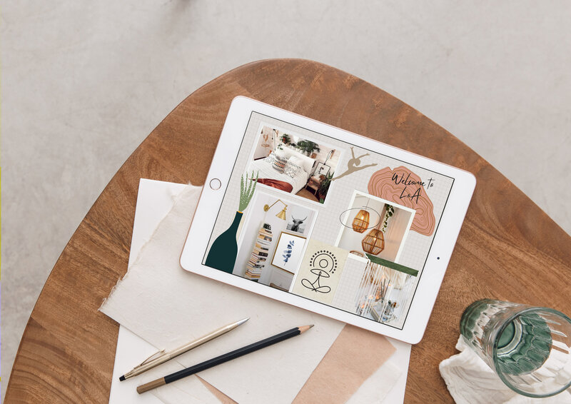 Photo of an interior design moodboard on an ipad on a coffee table