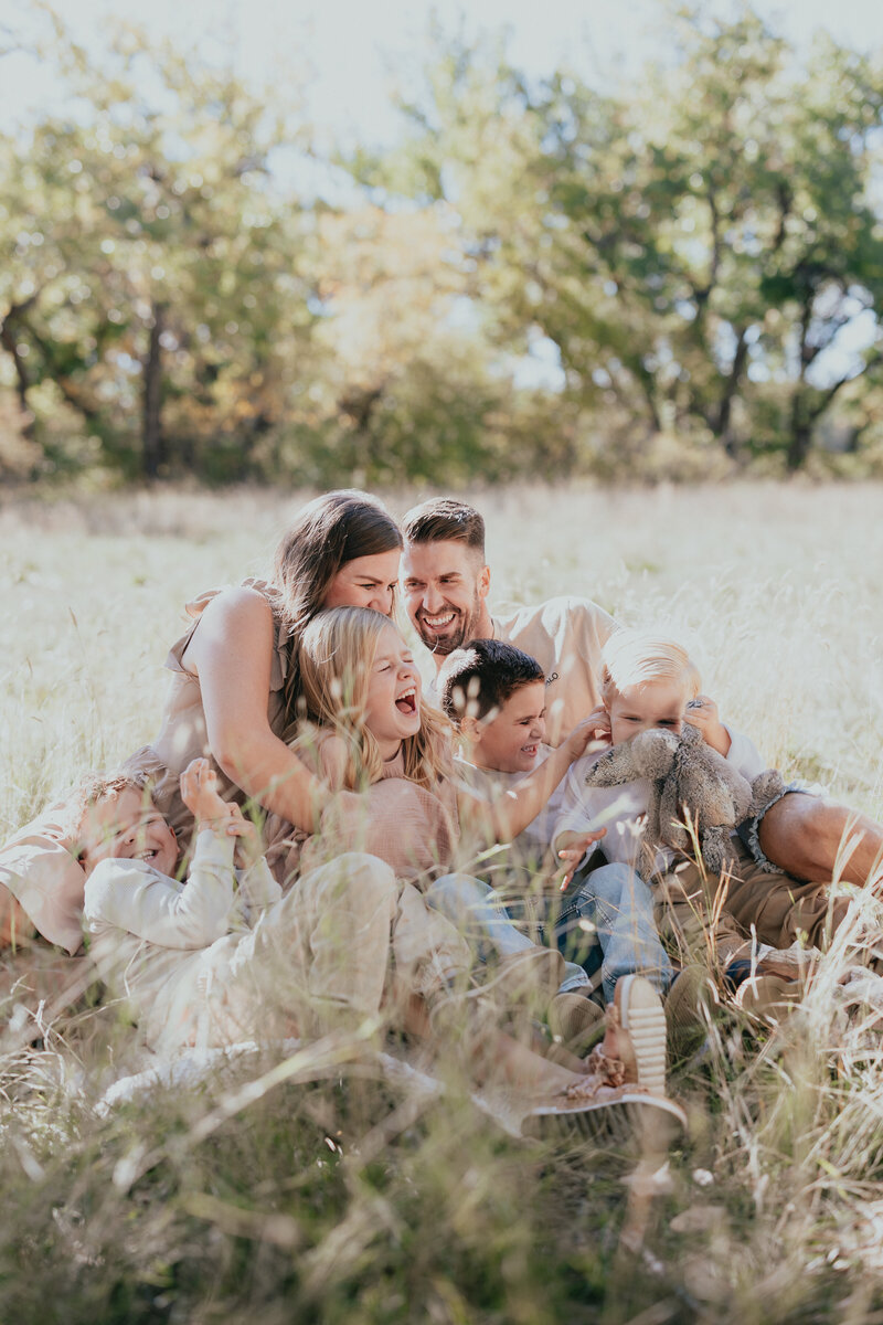 photo of a family sitting in long grass and tickling each other and laughing taken by a langley newborn photographer