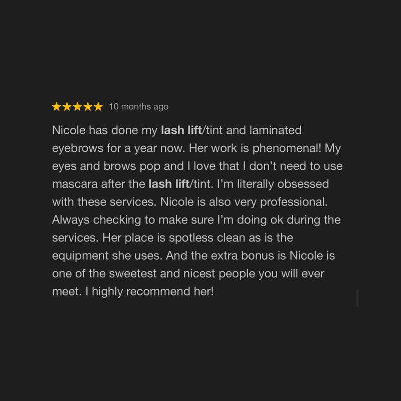 Client feedback about lash lift results lasting 8 weeks