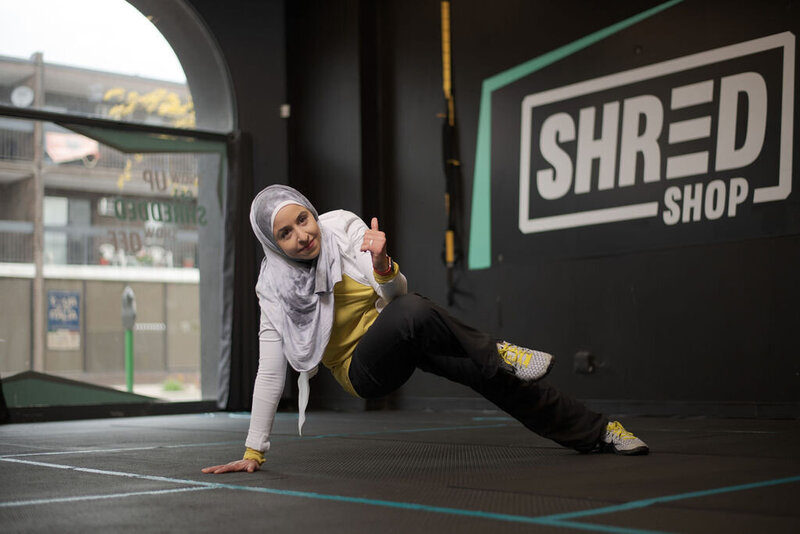 Fitness hijabi coach Hanan mid-workout