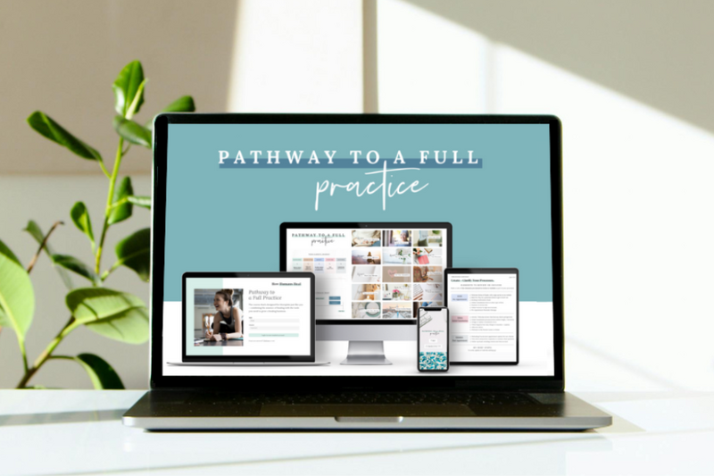 Open laptop showing the Pathway to a Full Practice course on screen in a bright, light-filled room.