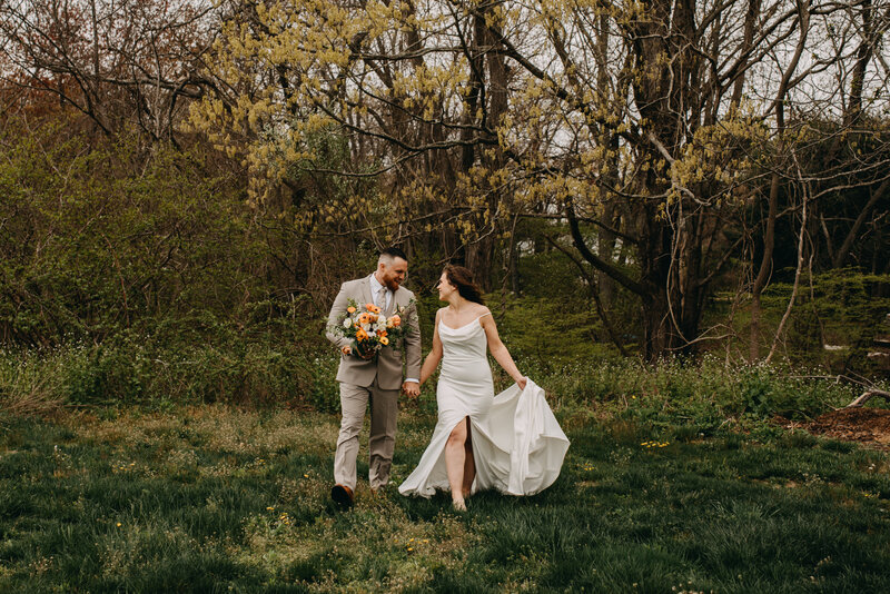 Bride and groom go for walk at The Hinterland CT with Connecticut Wedding Photographer