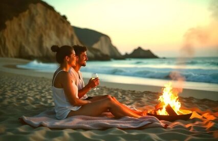 Couple enjoying a private beach bonfire near San Diego at sunset, part of a tailored luxury adventure vacation with curated experiences