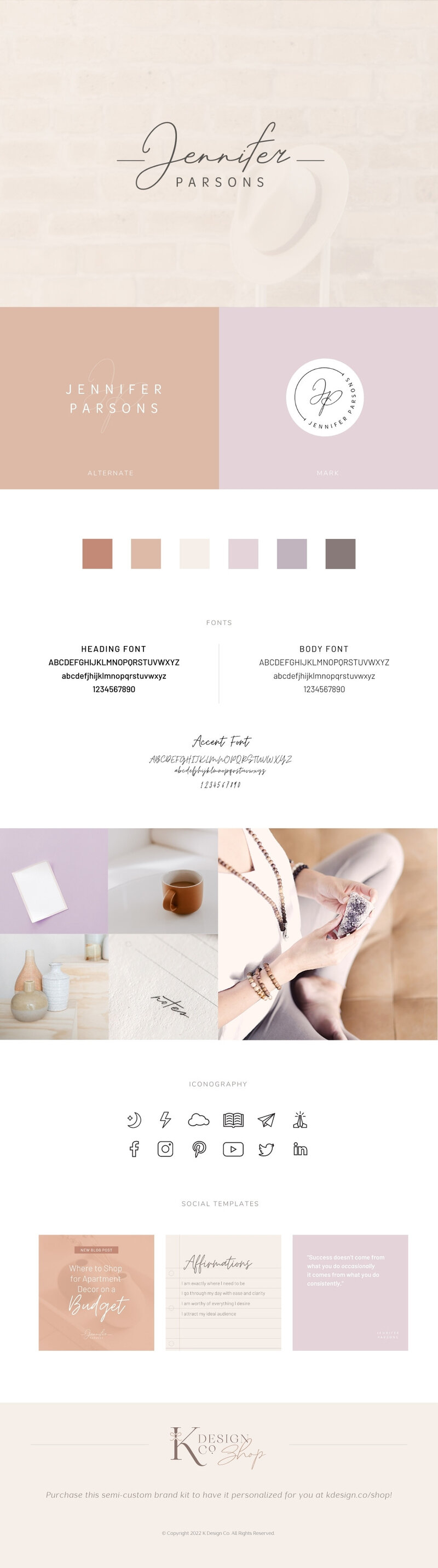 Signature logo / cursive logo and brand kit with moodboard, social media templates, icons, color palette, font suggestions and inspirational images