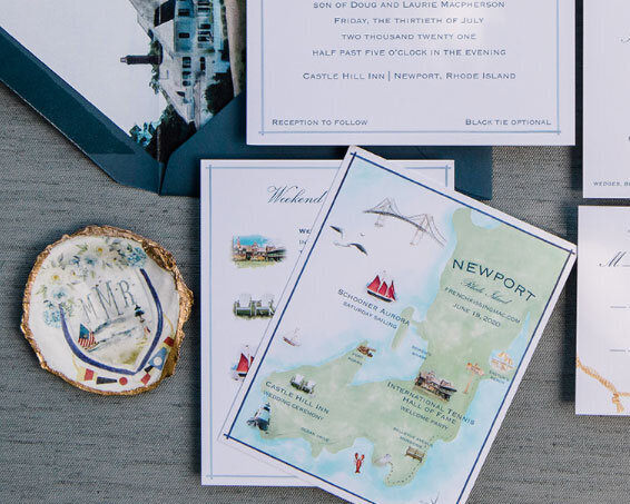 Newport Rhode Island map illustration for wedding invitation suite