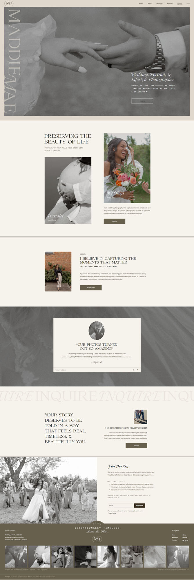 Wedding photographer's website by website and brand designer for photographers Palme Design Co