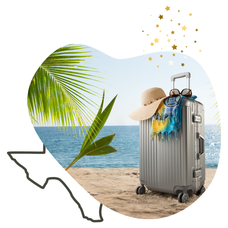 A packed suitcase sits nestled in the sand of a tropical beach. A woman's floppy hat and sunglasses rest casually on top, along with a folded sarong. Behind the photo, a hint of the outline of the state of Texas peeks out.