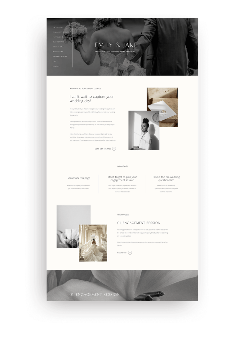 Wedding Client Lounge template for Showit