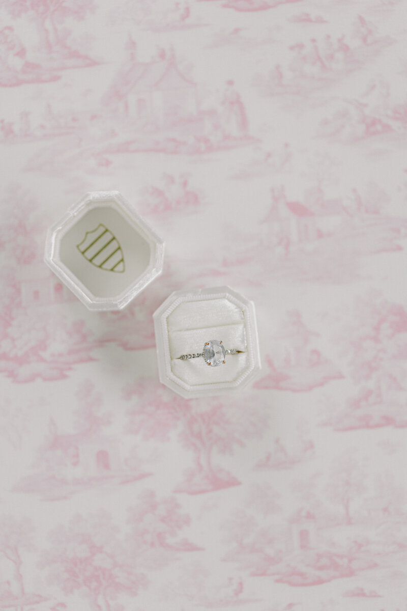 Toile linen flat lay mat with vintage French-inspired wedding details