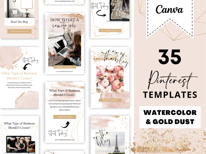 Pinterest Templates Canva - Pinterest Templates Watercolor Pins - Pink and Gold - Studio Mommy