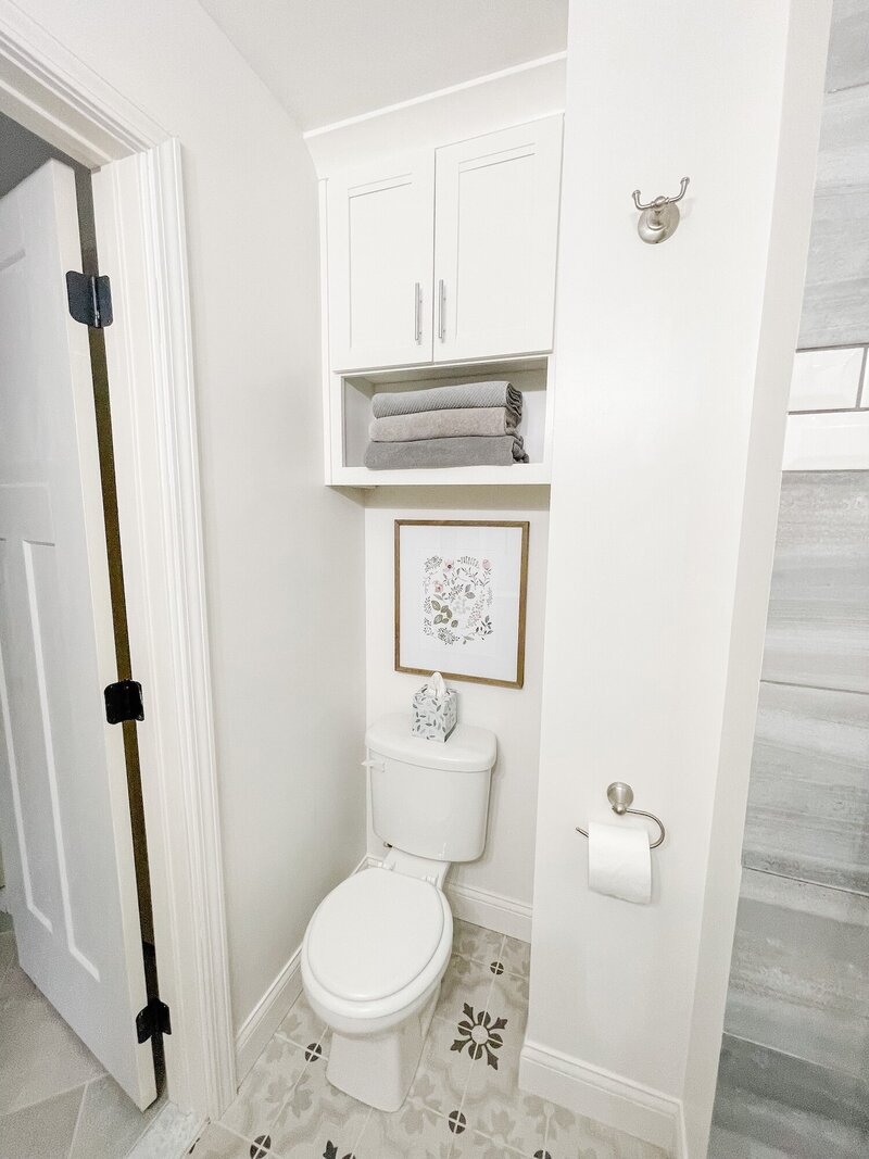 Bathroom with white cabinets.