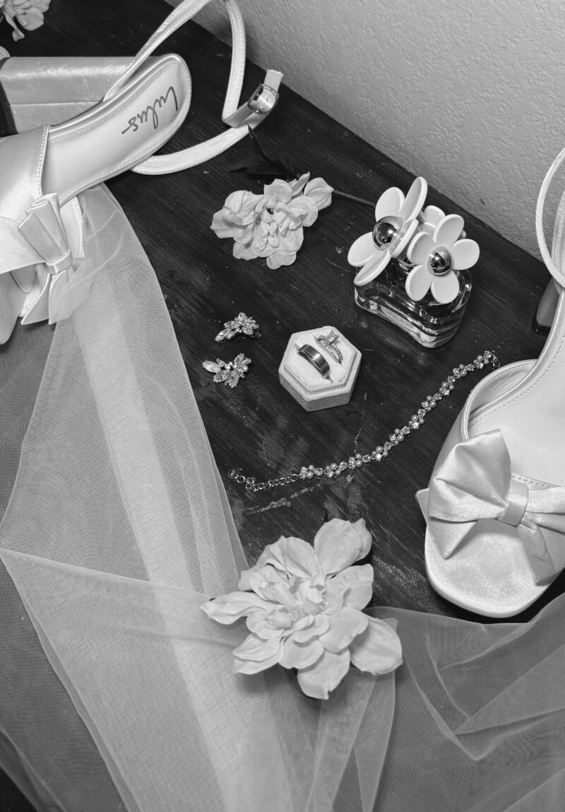 Flat Lay Image of Wedding Heels and Details