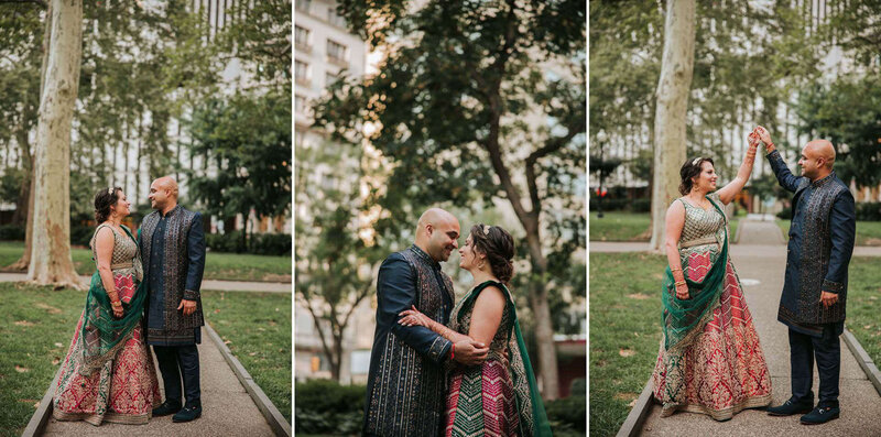 Upcoming newlyweds standing outside posing for pictures.