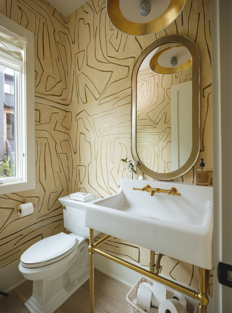 Serenbe Gold Bathroom with Graphic Wallpaper