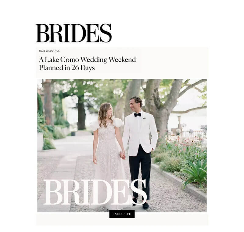 Bride magazine website article showcasing Jessica Mangia's Lake Como Wedding photos