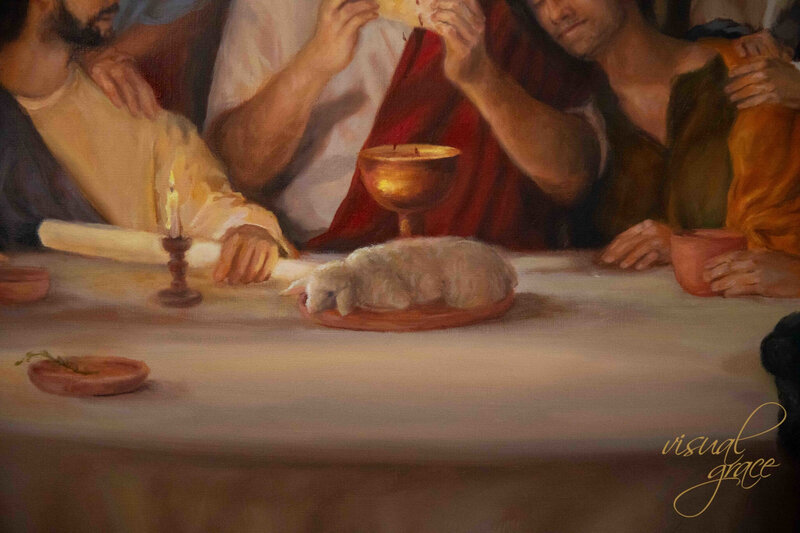 Catholic fine art of Jesus sharing His body and blood at the last supper with his disciples. Sacred artwork of the sacrifice of the lamb for your Catholic home and parish.