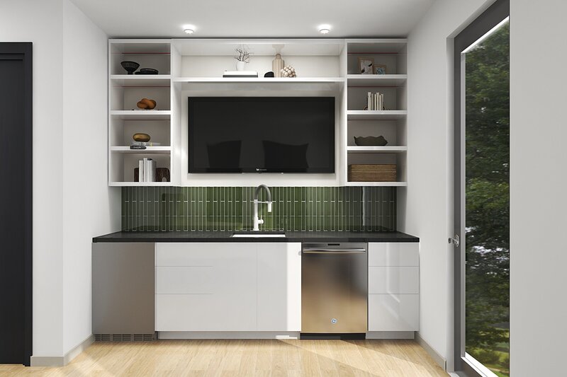 render of mini kitchen  with green tile