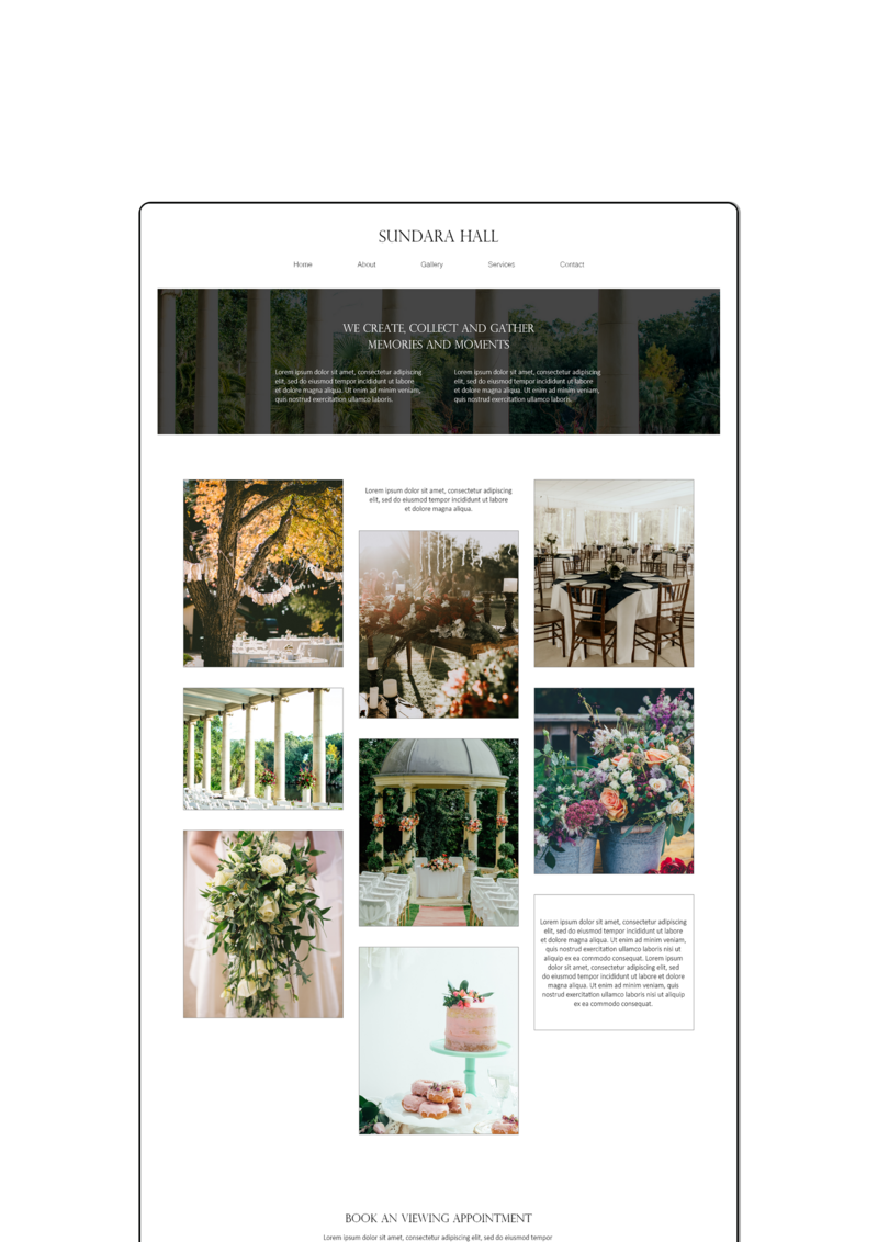 Display of the Sundara Hall's website gallery page designed with a elegant feel.