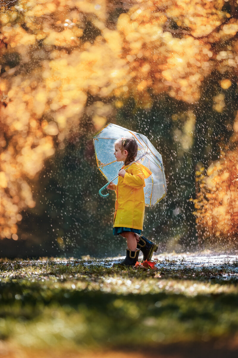 Adorable little girl wearing a rain coat and holding a clear umbrella on a rainy day in Houston.