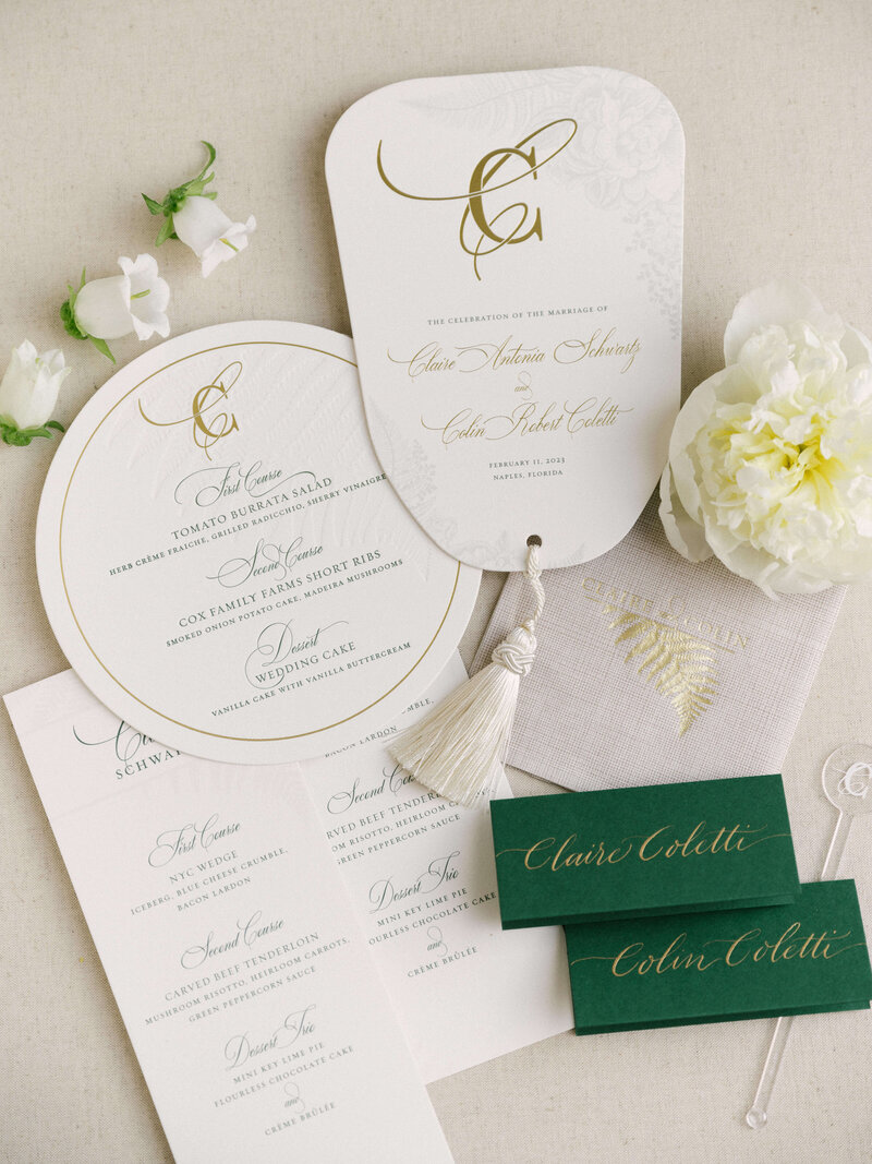 5.Custom Wedding Day Menu and Program by Poeme in Green and Gold