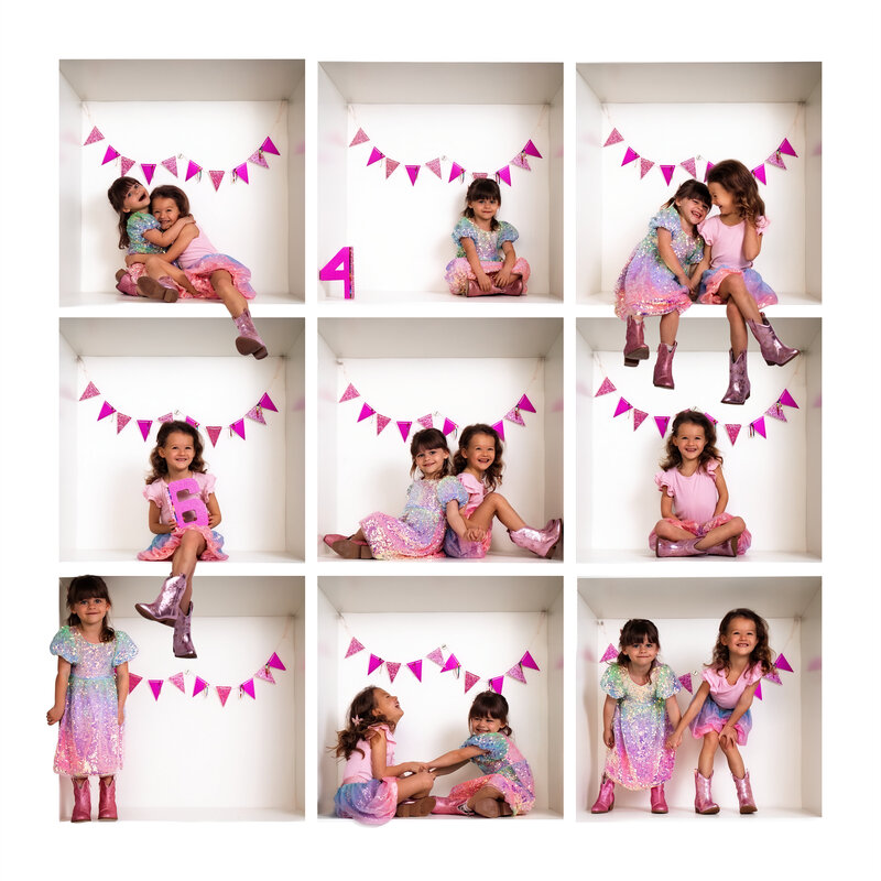 a three by three composite image of two girls inside of a white box that has been built at the pittsburgh portrait studio nine total images have been combined to make this stacked box design.