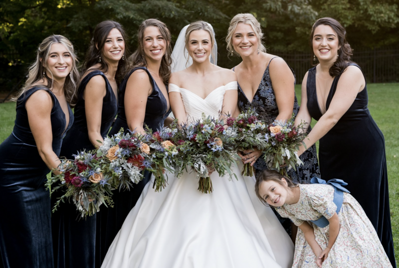 Bride and bridesmaids and their bouquets
