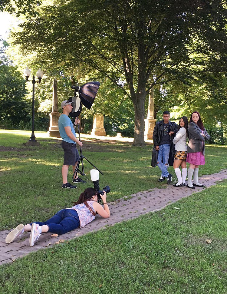 Behind the scenes of a "Heathers" Themed high school senior photo shoot at St. Clair Park in Greensburg, PA