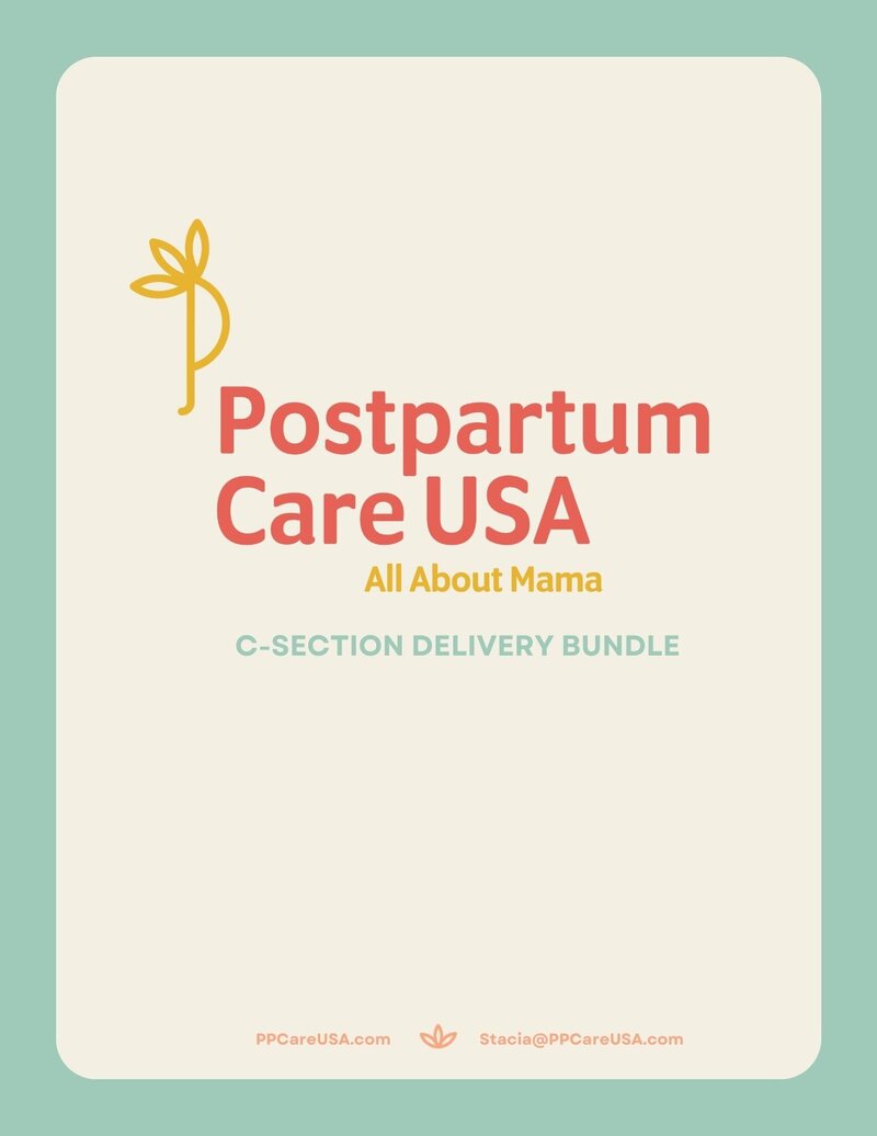 white cover with a blue outline that says "Postpartum Care of Indiana. All about mama. C-section delivery bundle"