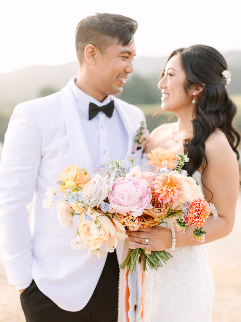 romantic portrait of bride and groom at serendipity garden wedding in oak glen