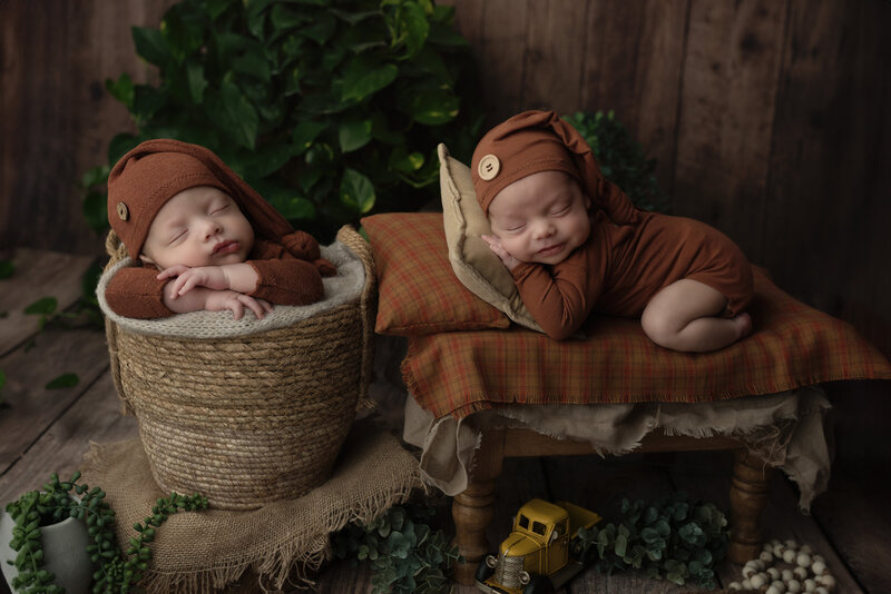 Earth-toned twin newborn setup with coordinating brown outfits, rustic textures, and natural greenery. Captured in-studio in Paris, Ontario.