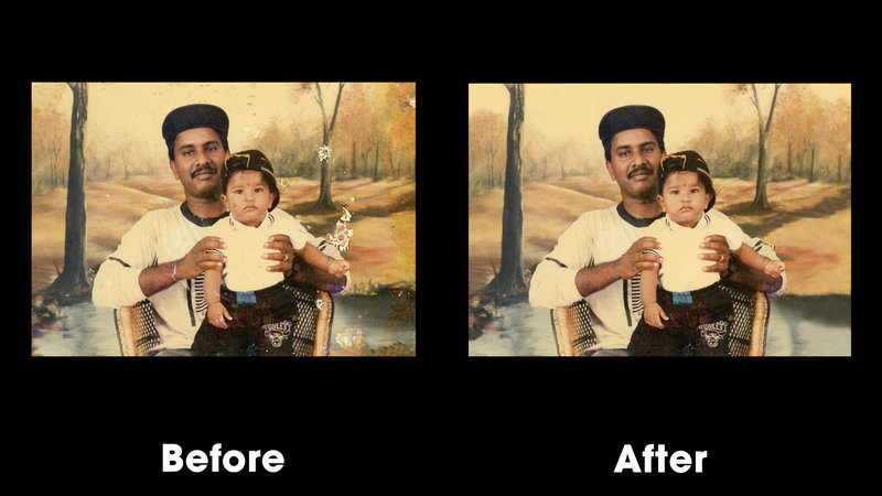 Before and after sample of medium level photo restoration for scratches and flaking. By Ross Photography, Trinidad, W.I..