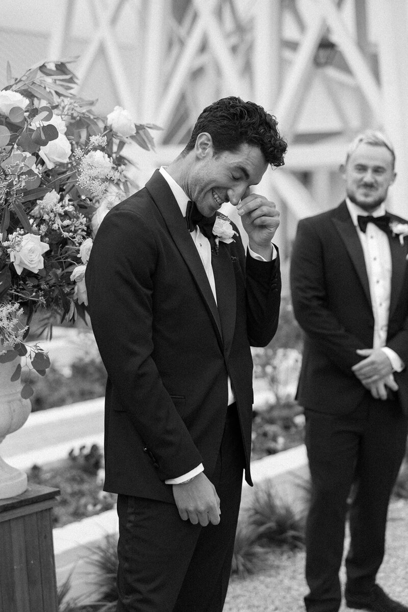 Emotional groom during wedding at Mattei's Tavern in Los Olivios, California