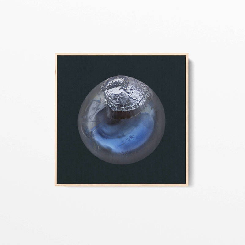 Fine Art Canvas with a natural wooden frame featuring Project Stardust micrometeorite NMM 2752 collected and photographed by Jon Larsen and Jan Braly Kihle
