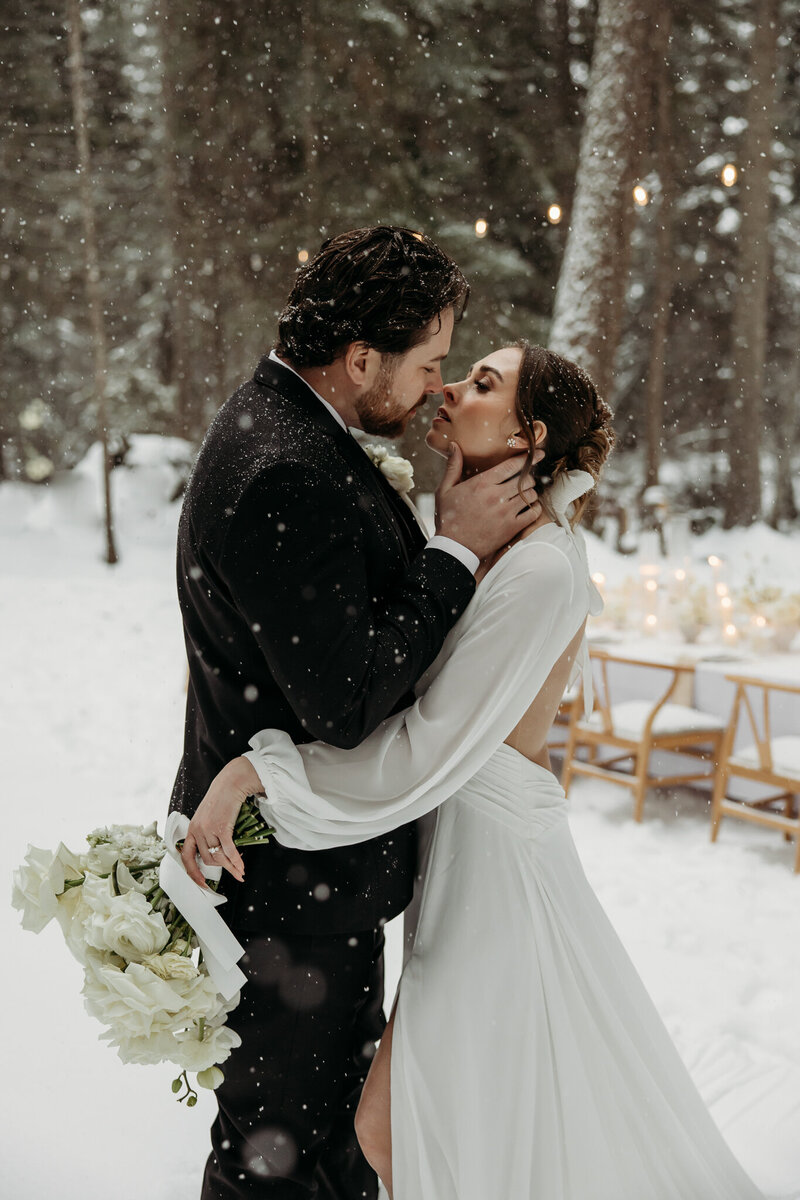 an intimate wedding with the snow falling and the couple kissing
