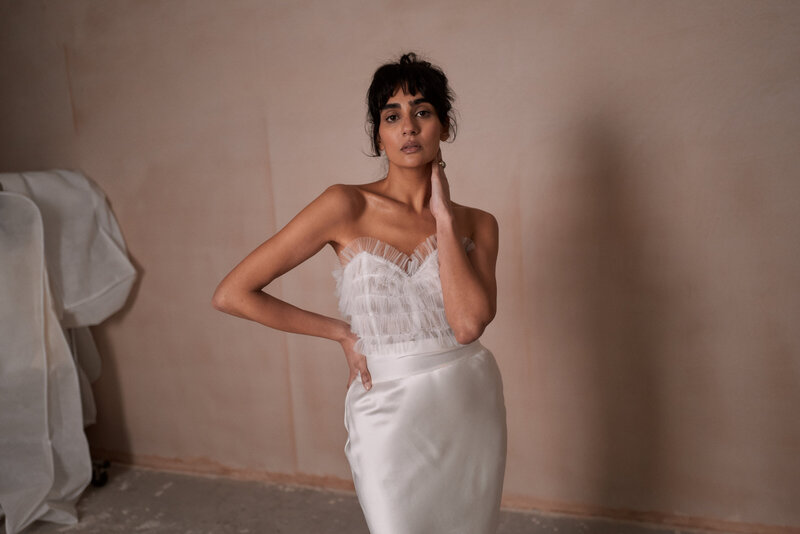 Handmade silk bridal skirt and corset worn by bride in England