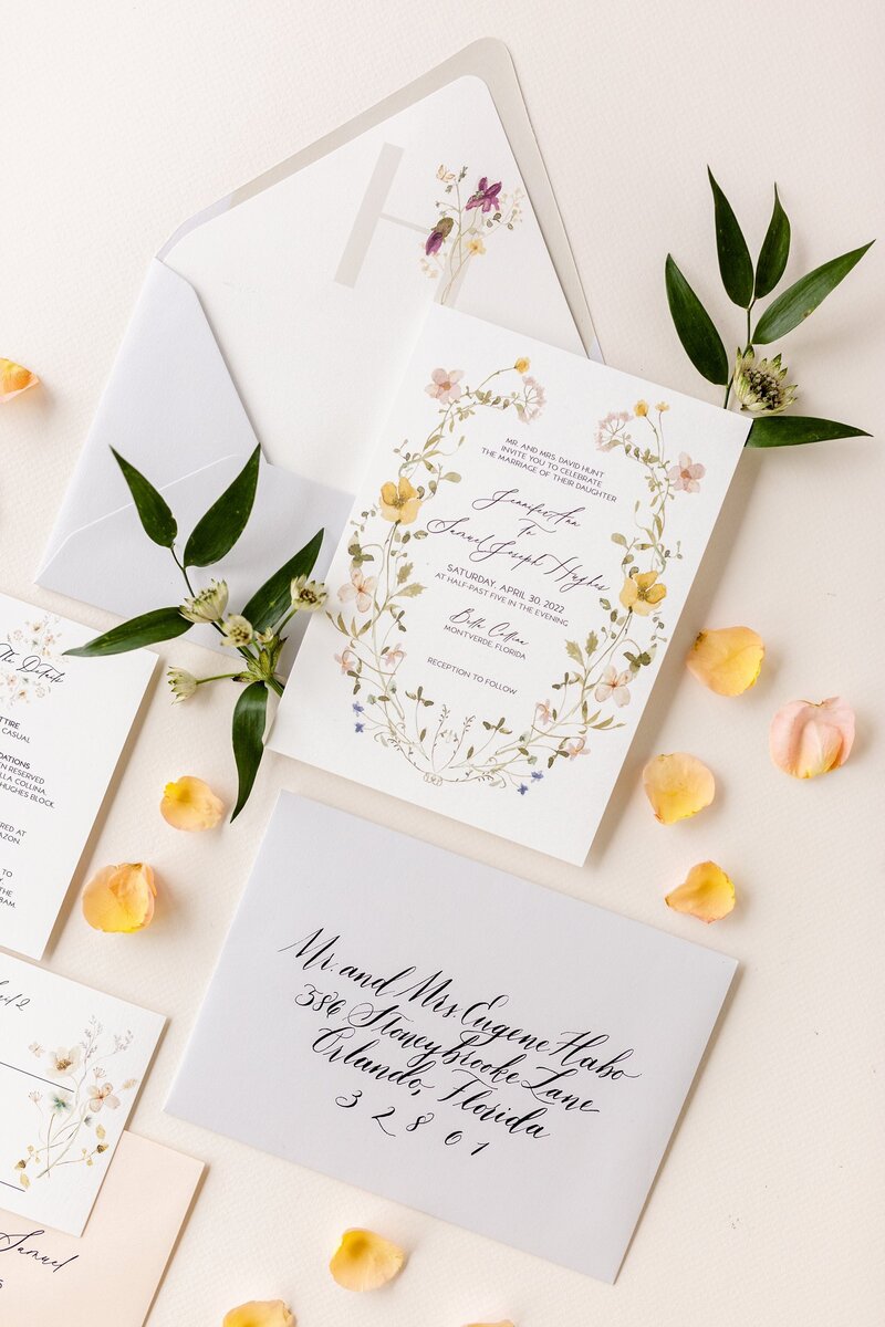 Yellow floral wedding invitation suite